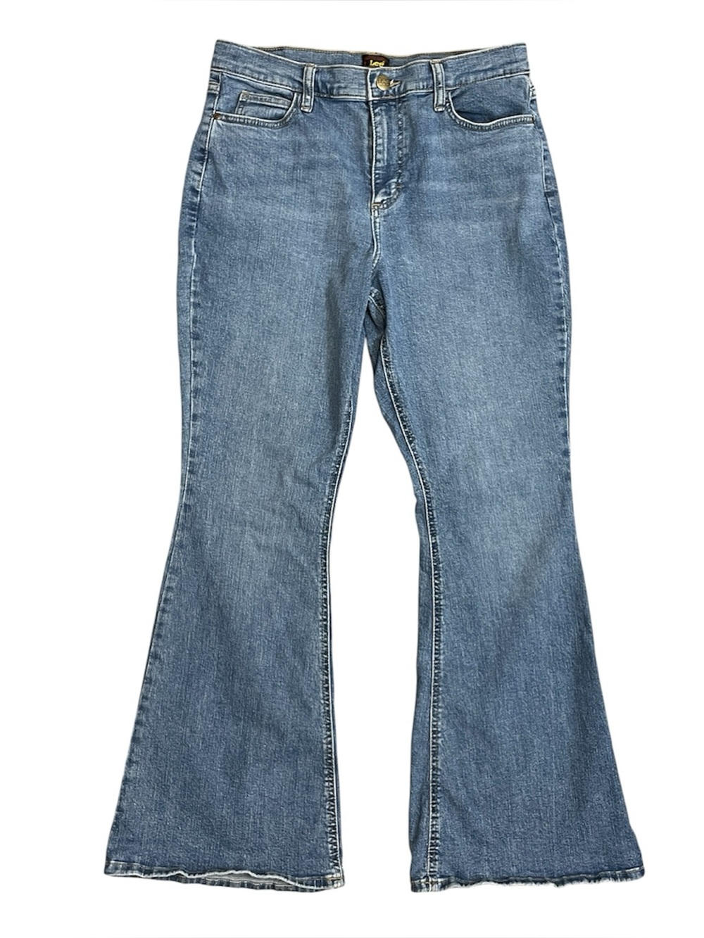 Lee Retro Style High Rise Flare Leg Short Inseam Denim Blue Jeans
